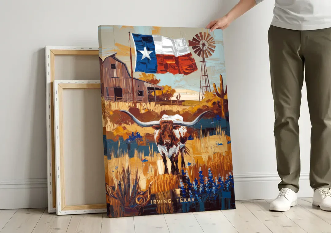 Irving Texas Pride canvas wall art leaning against a wall next to blank canvases