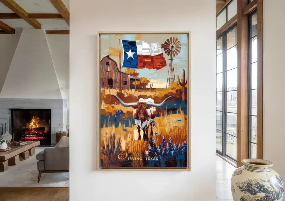 Irving Texas Pride canvas wall art in a living room with a fireplace