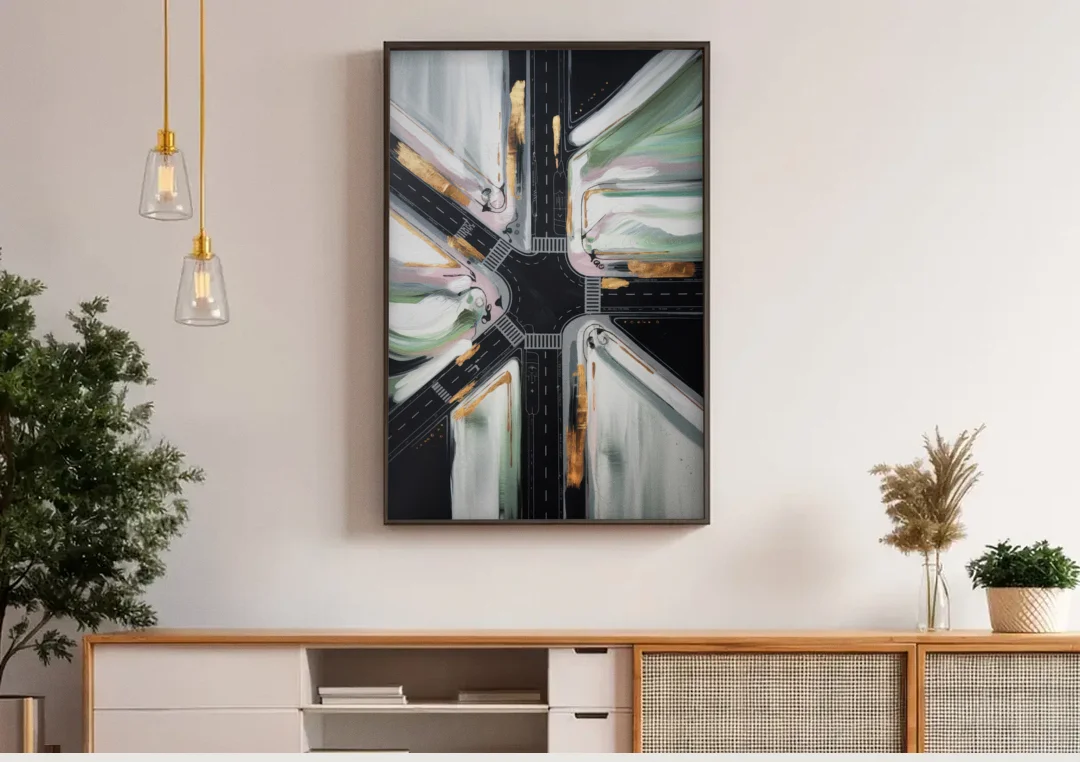 Irving Urban Streets canvas wall art above a wooden sideboard under pendant lights