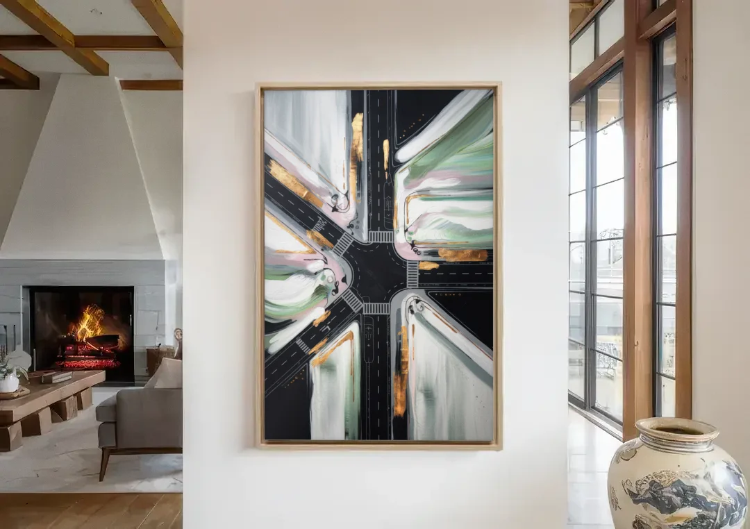 Irving Urban Streets canvas wall art in a living room with a fireplace