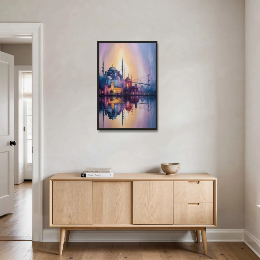 Istanbul Skyline Glow - Black Framed Canvas Wall Art - Coffee Table - 24x36