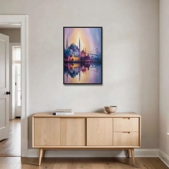 Istanbul Skyline Glow - Black Framed Canvas Wall Art - Coffee Table - 24x36