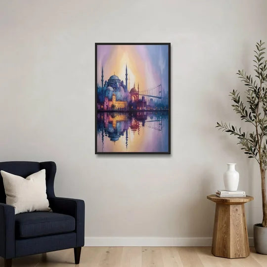 Istanbul Skyline Glow - Black Framed Canvas Wall Art - Sofa - 24x36