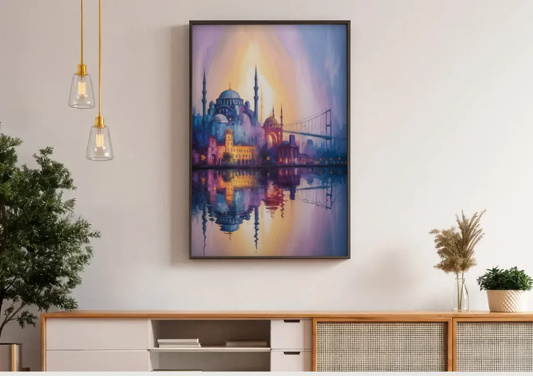Istanbul Skyline Glow canvas wall art above a wooden sideboard under pendant lights