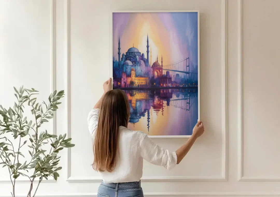Istanbul Skyline Glow canvas wall art being hung on a paneled wall