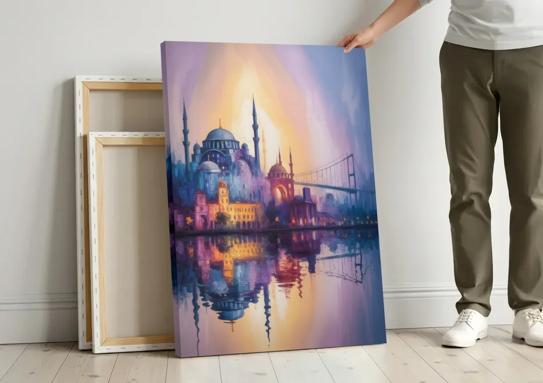 Istanbul Skyline Glow canvas wall art leaning against a wall next to blank canvases
