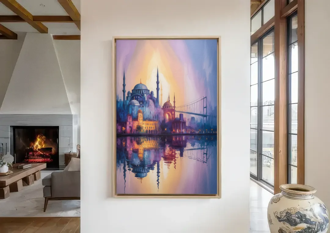 Istanbul Skyline Glow canvas wall art in a living room with a fireplace