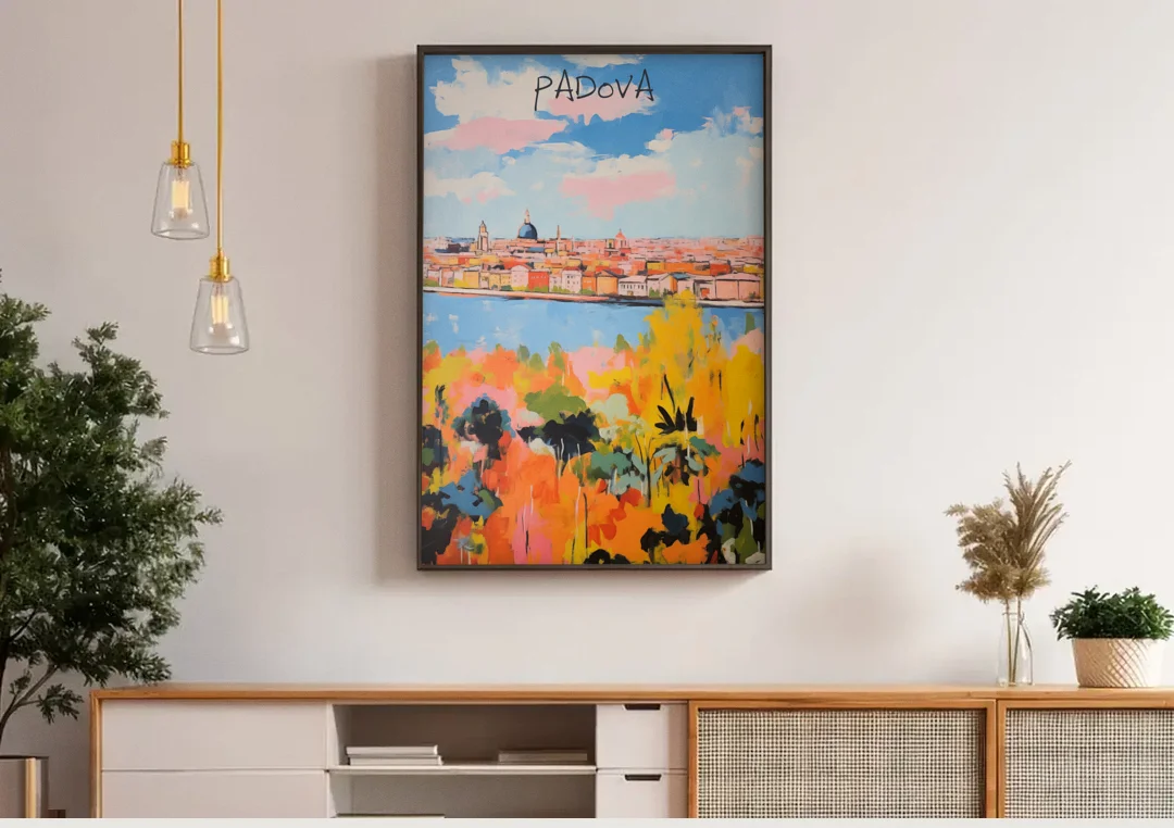 Italian Art of Padua in Autumn canvas wall art above a wooden sideboard under pendant lights
