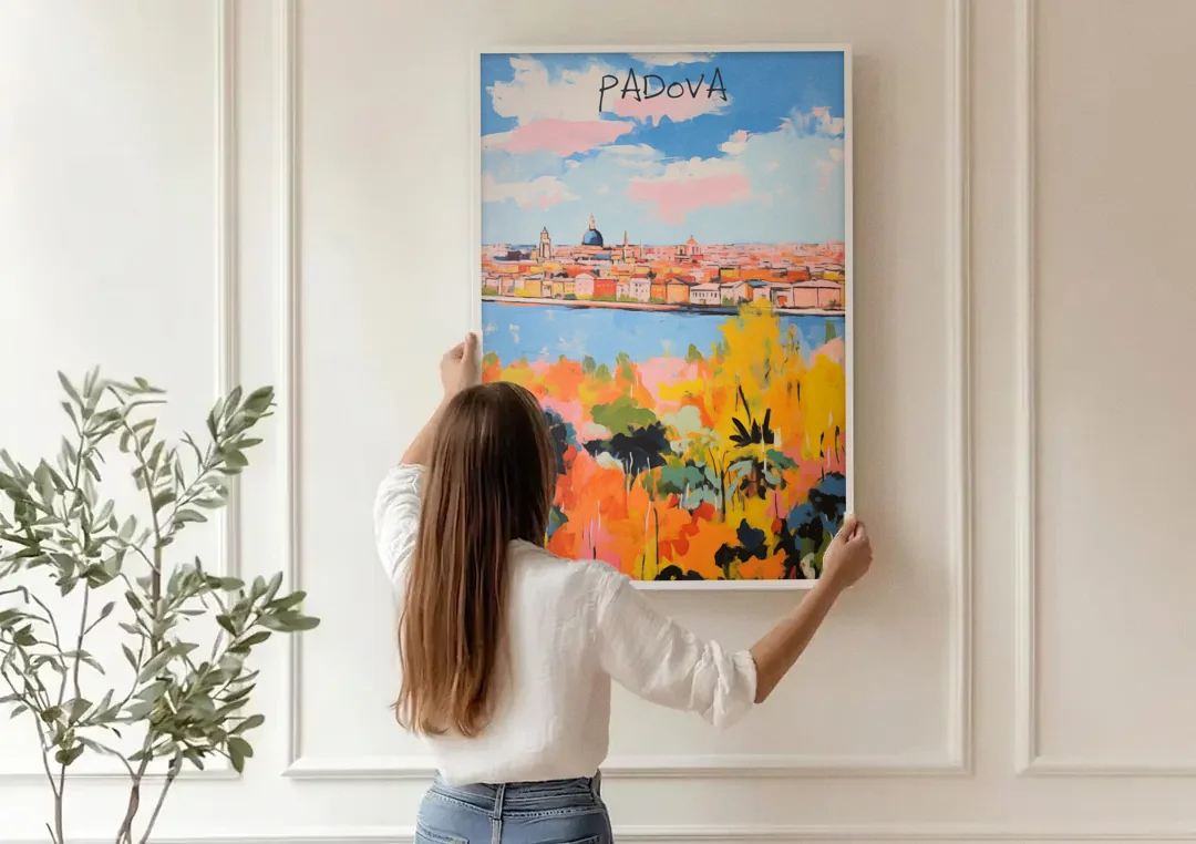 Italian Art of Padua in Autumn canvas wall art being hung on a paneled wall