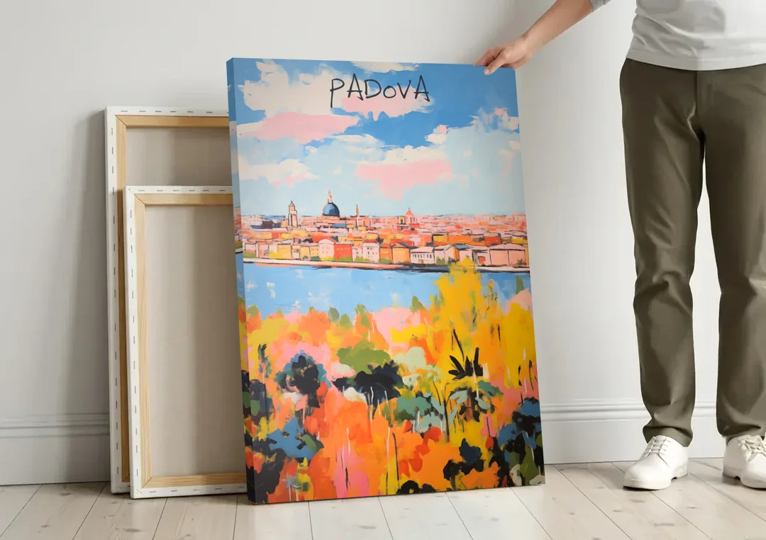 Italian Art of Padua in Autumn canvas wall art leaning against a wall next to blank canvases