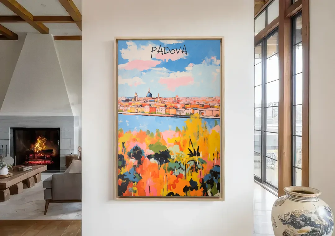 Italian Art of Padua in Autumn canvas wall art in a living room with a fireplace