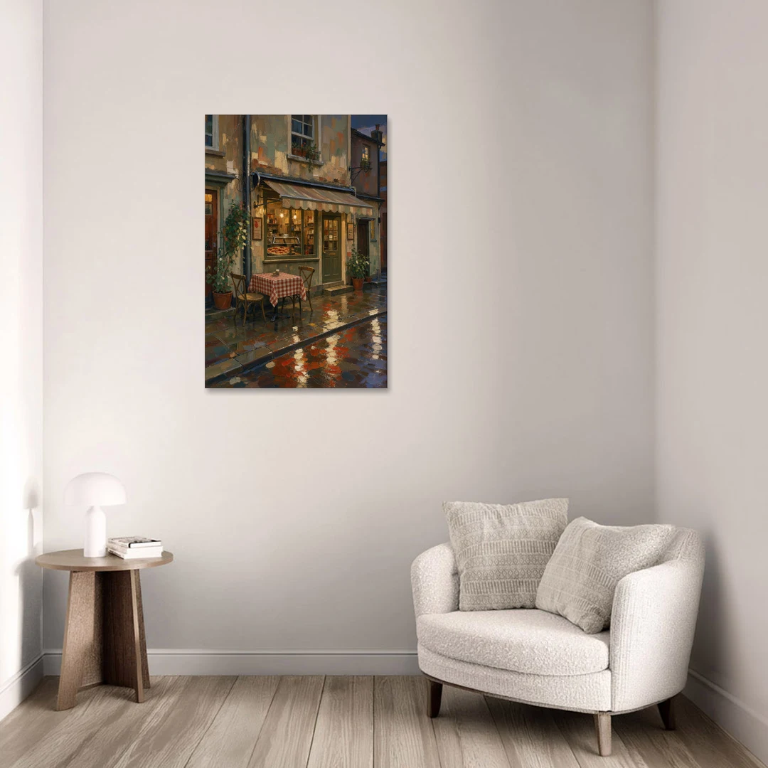Italian Cafe on a Rainy Evening - Canvas Wall Art - Sofa - 24x36