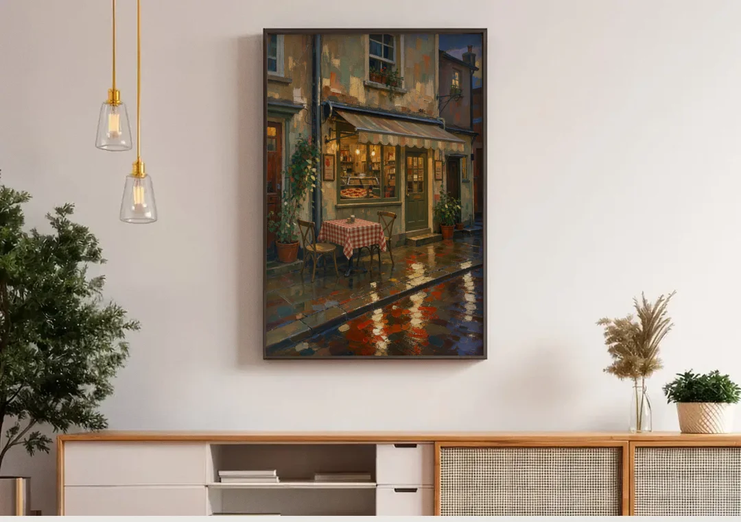 Italian Cafe on a Rainy Evening canvas wall art above a wooden sideboard under pendant lights