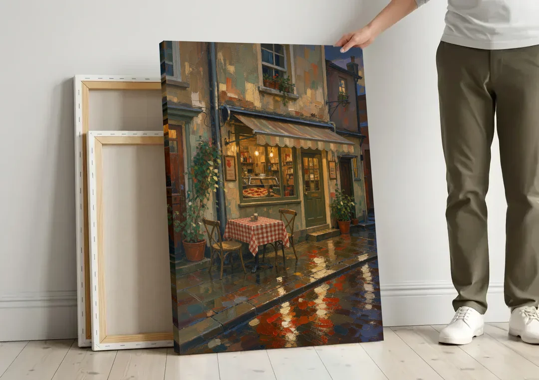 Italian Cafe on a Rainy Evening canvas wall art leaning against a wall next to blank canvases