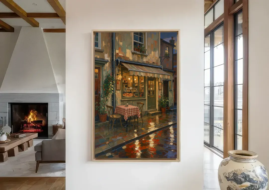 Italian Cafe on a Rainy Evening canvas wall art in a living room with a fireplace