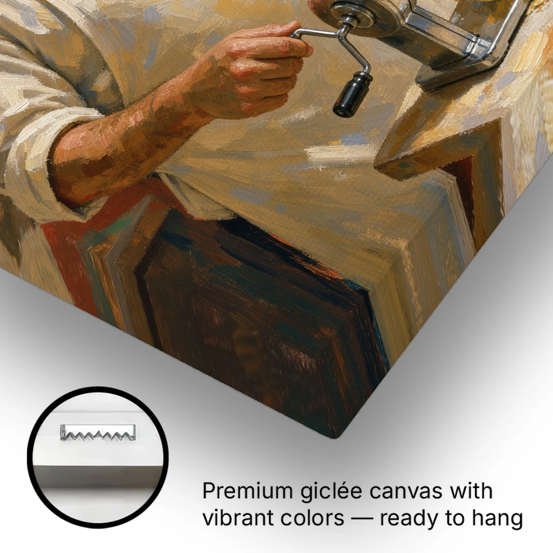 Italian Chef Wall Art Cranking Fresh Fettuccine - Canvas Wall Art - Gallery Wrap Corner