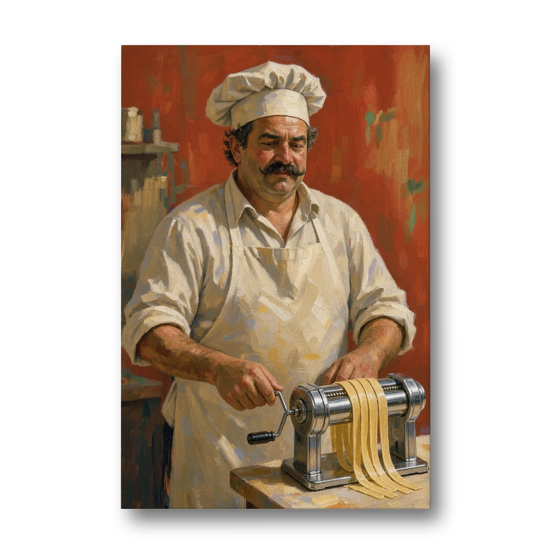 Italian Chef Wall Art Cranking Fresh Fettuccine - Canvas Wall Art - Front