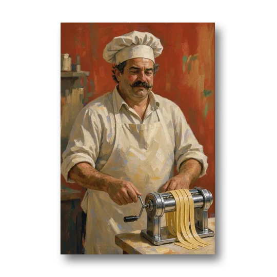 Italian Chef Wall Art Cranking Fresh Fettuccine - Canvas Wall Art - Front