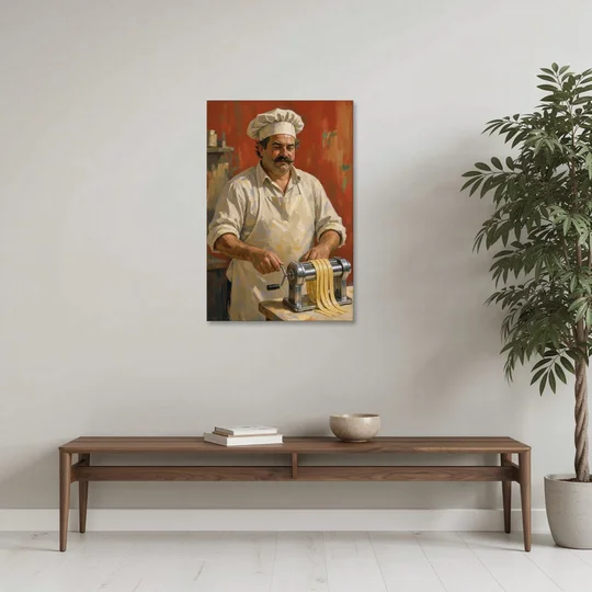 Italian Chef Wall Art Cranking Fresh Fettuccine - Canvas Wall Art - Coffee Table - 24x36