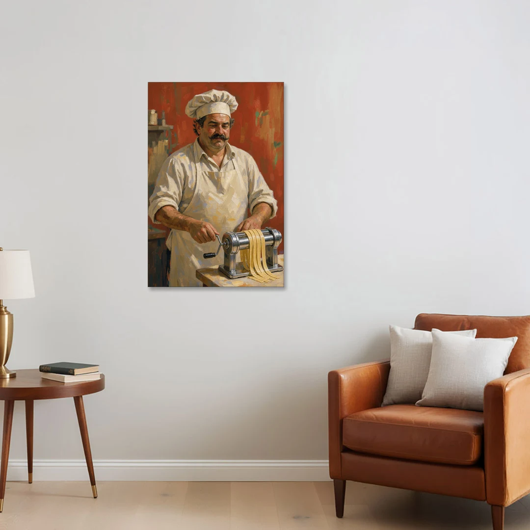 Italian Chef Wall Art Cranking Fresh Fettuccine - Canvas Wall Art - Sofa - 24x36