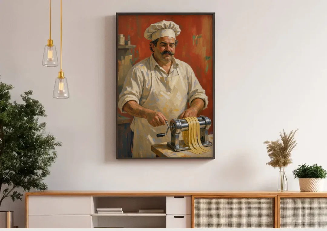 Italian Chef Wall Art Cranking Fresh Fettuccine canvas wall art above a wooden sideboard under pendant lights