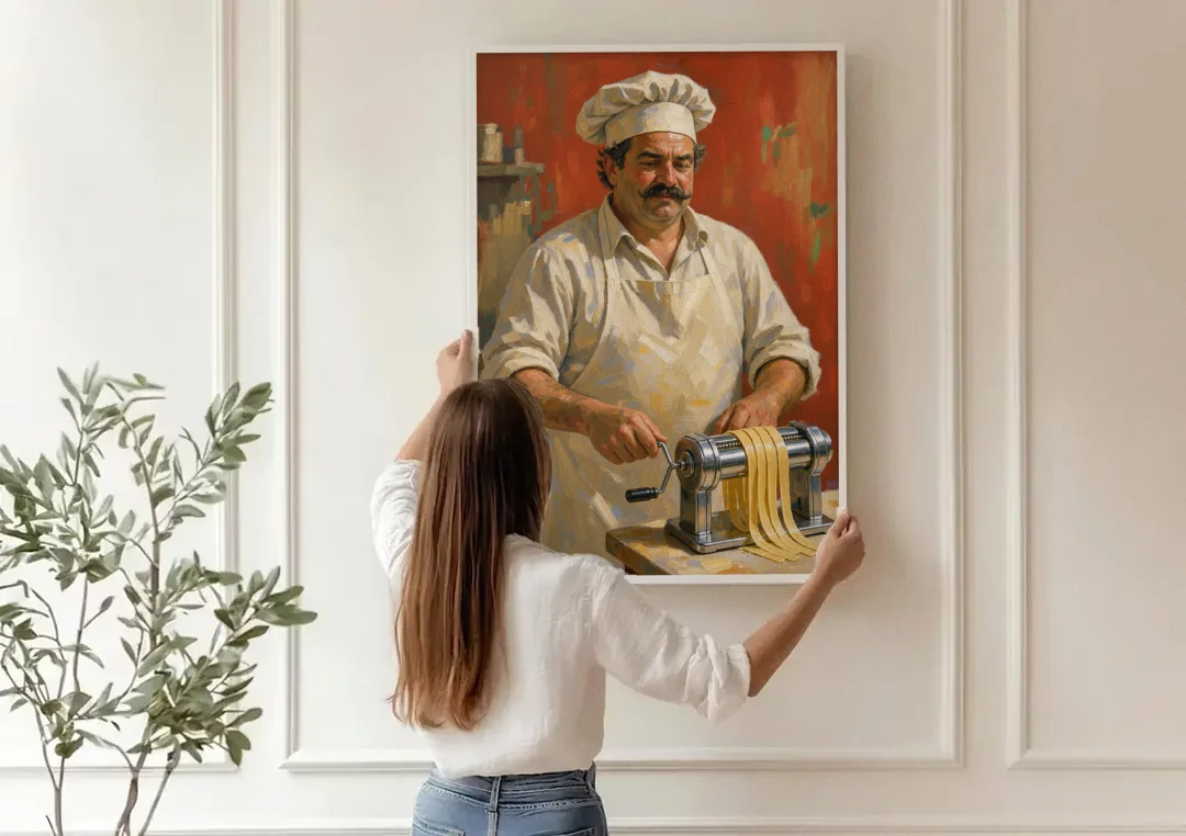Italian Chef Wall Art Cranking Fresh Fettuccine canvas wall art being hung on a paneled wall