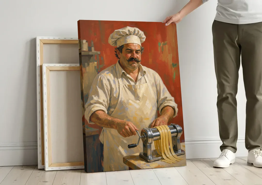 Italian Chef Wall Art Cranking Fresh Fettuccine canvas wall art leaning against a wall next to blank canvases