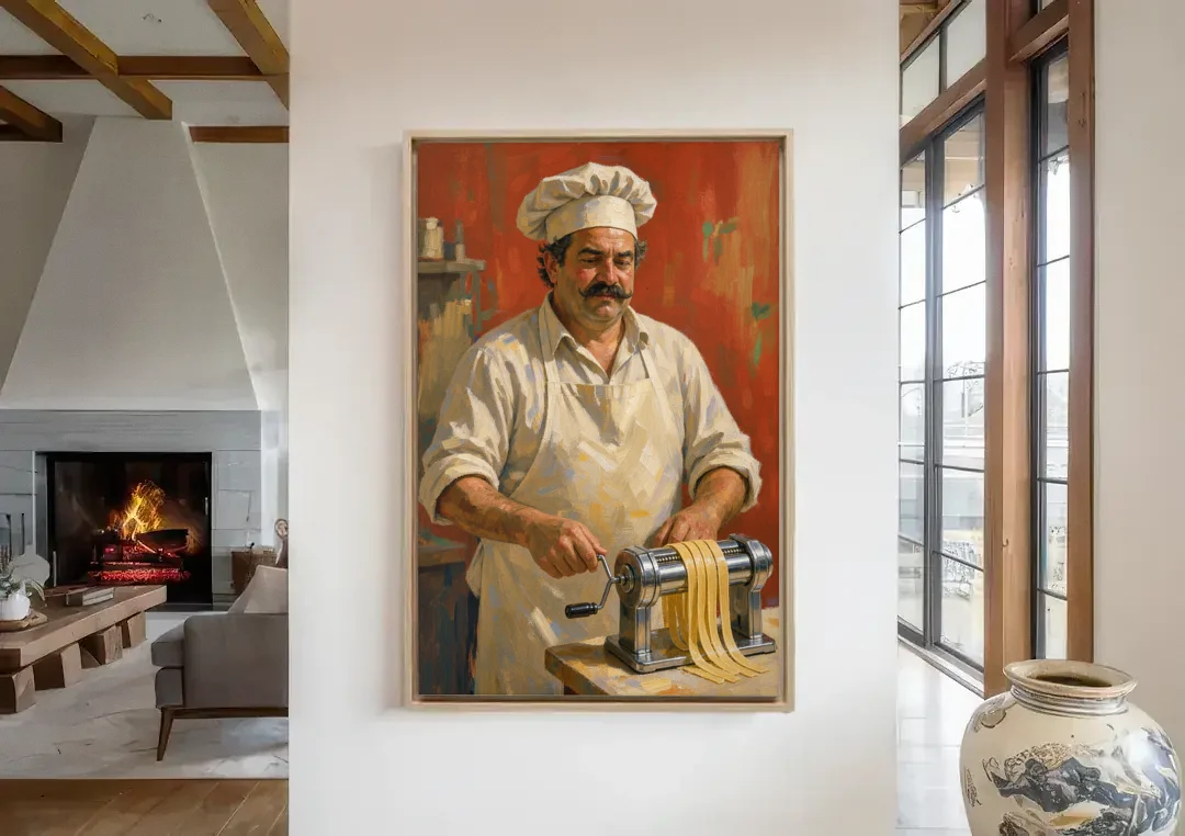 Italian Chef Wall Art Cranking Fresh Fettuccine canvas wall art in a living room with a fireplace