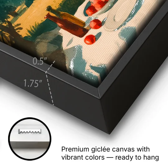 Italian Countryside Painting with a Picnic Table - Black Framed Canvas Wall Art - Gallery Wrap Corner