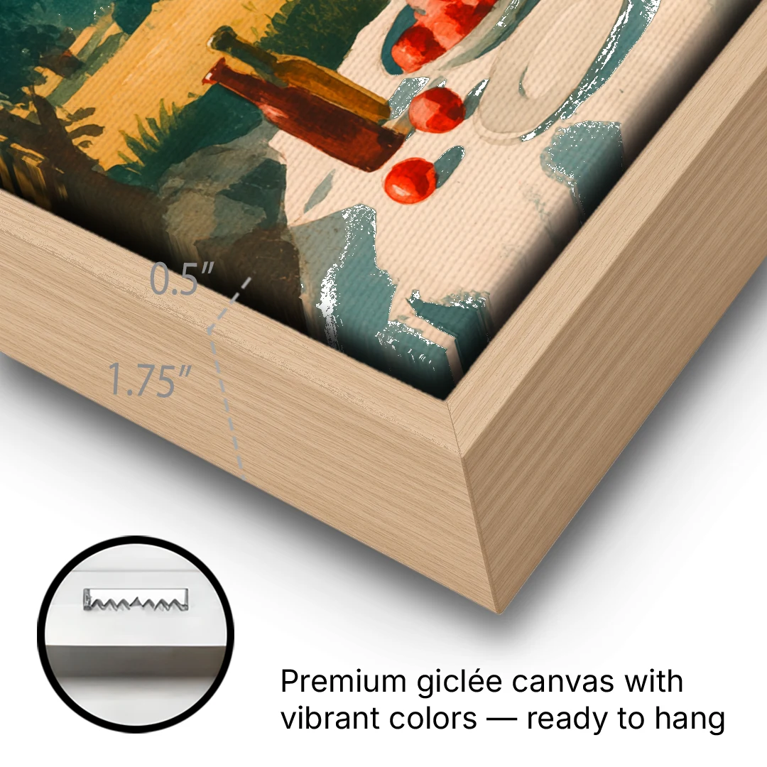 Italian Countryside Painting with a Picnic Table - Oak Framed Canvas Wall Art - Gallery Wrap Corner