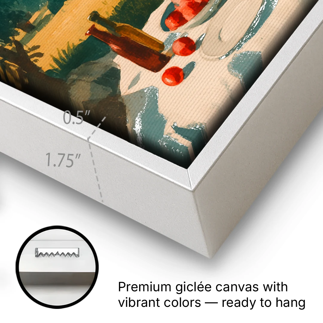 Italian Countryside Painting with a Picnic Table - White Framed Canvas Wall Art - Gallery Wrap Corner