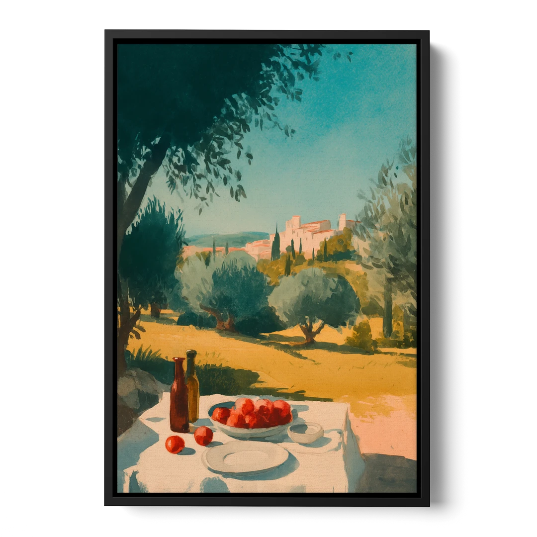 Italian Countryside Painting with a Picnic Table - Black Framed Canvas Wall Art - Front