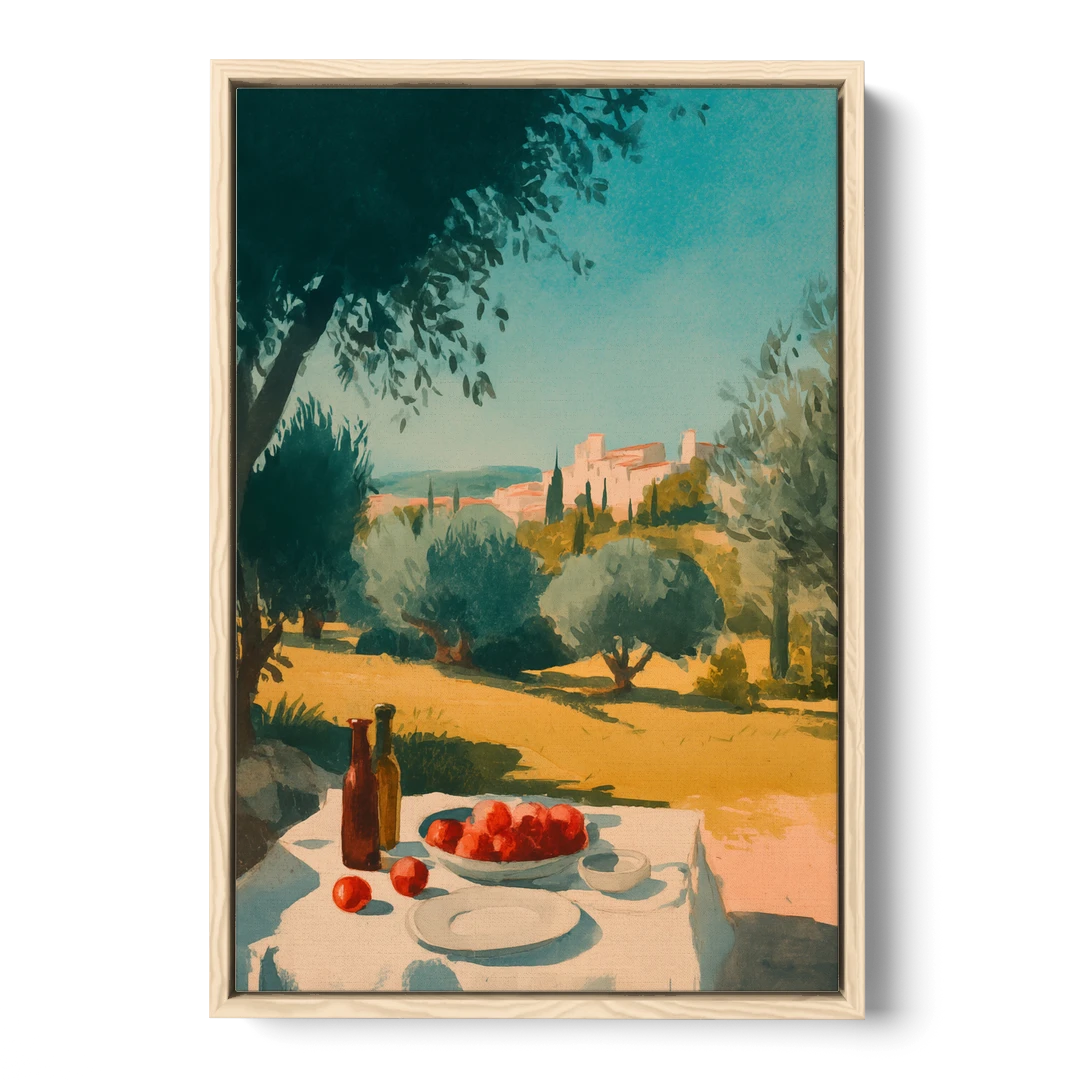 Italian Countryside Painting with a Picnic Table - Oak Framed Canvas Wall Art - Front