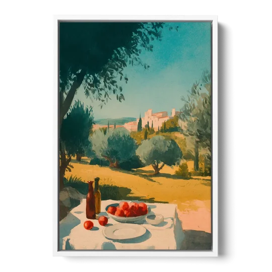 Italian Countryside Painting with a Picnic Table - White Framed Canvas Wall Art - Front