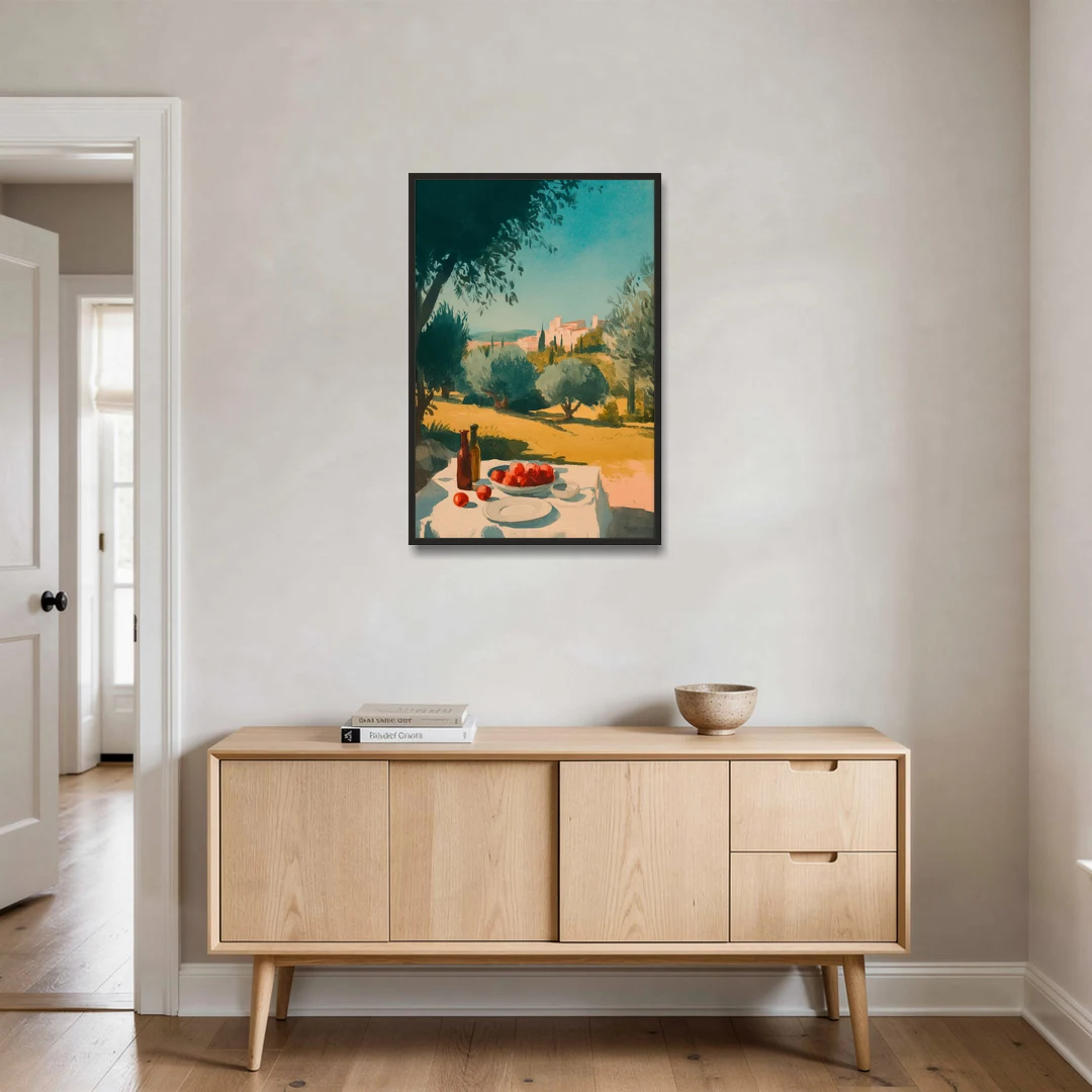 Italian Countryside Painting with a Picnic Table - Black Framed Canvas Wall Art - Coffee Table - 24x36