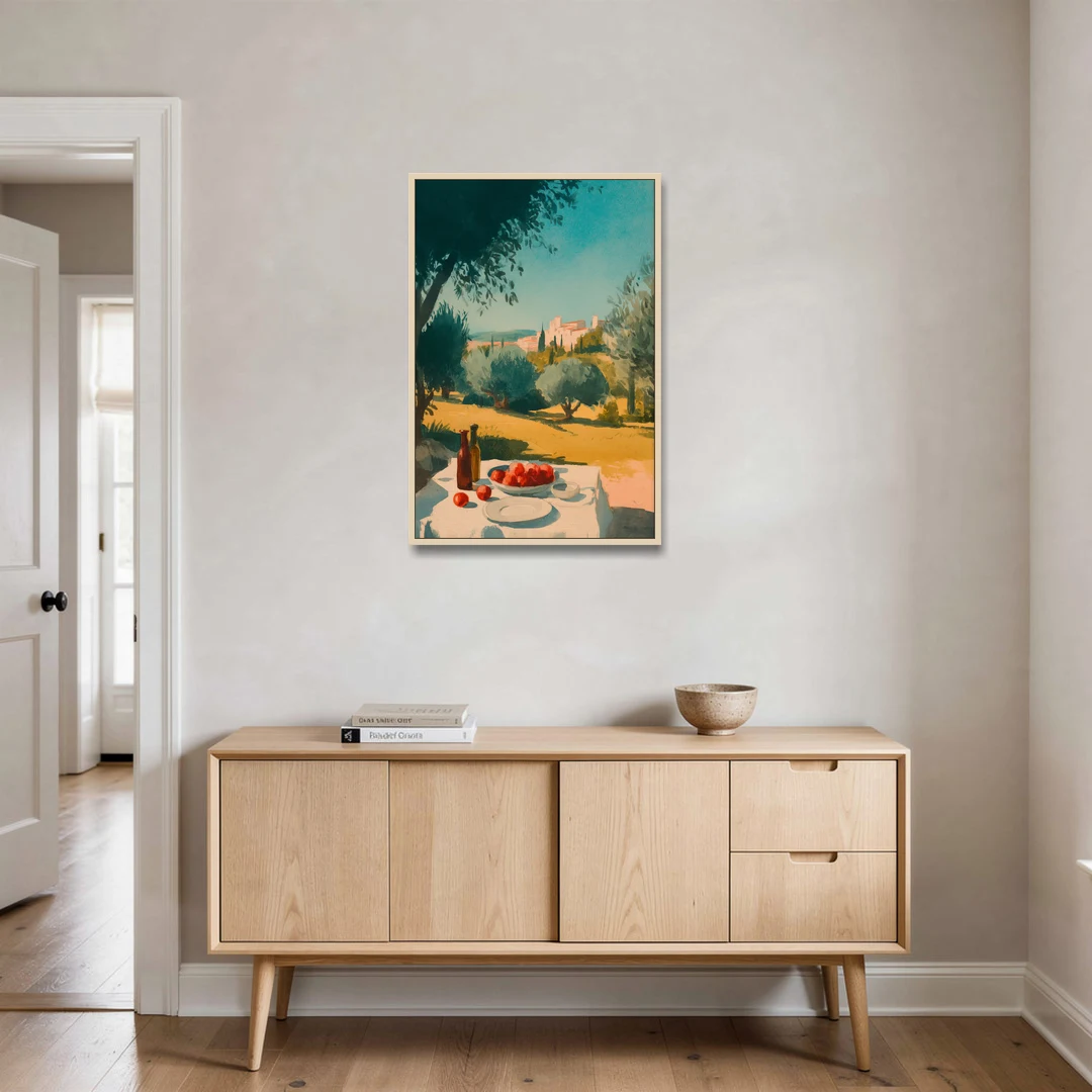 Italian Countryside Painting with a Picnic Table - Oak Framed Canvas Wall Art - Coffee Table - 24x36