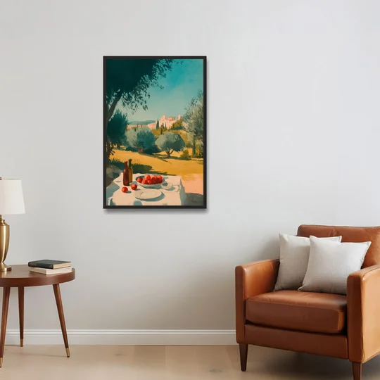 Italian Countryside Painting with a Picnic Table - Black Framed Canvas Wall Art - Sofa - 24x36