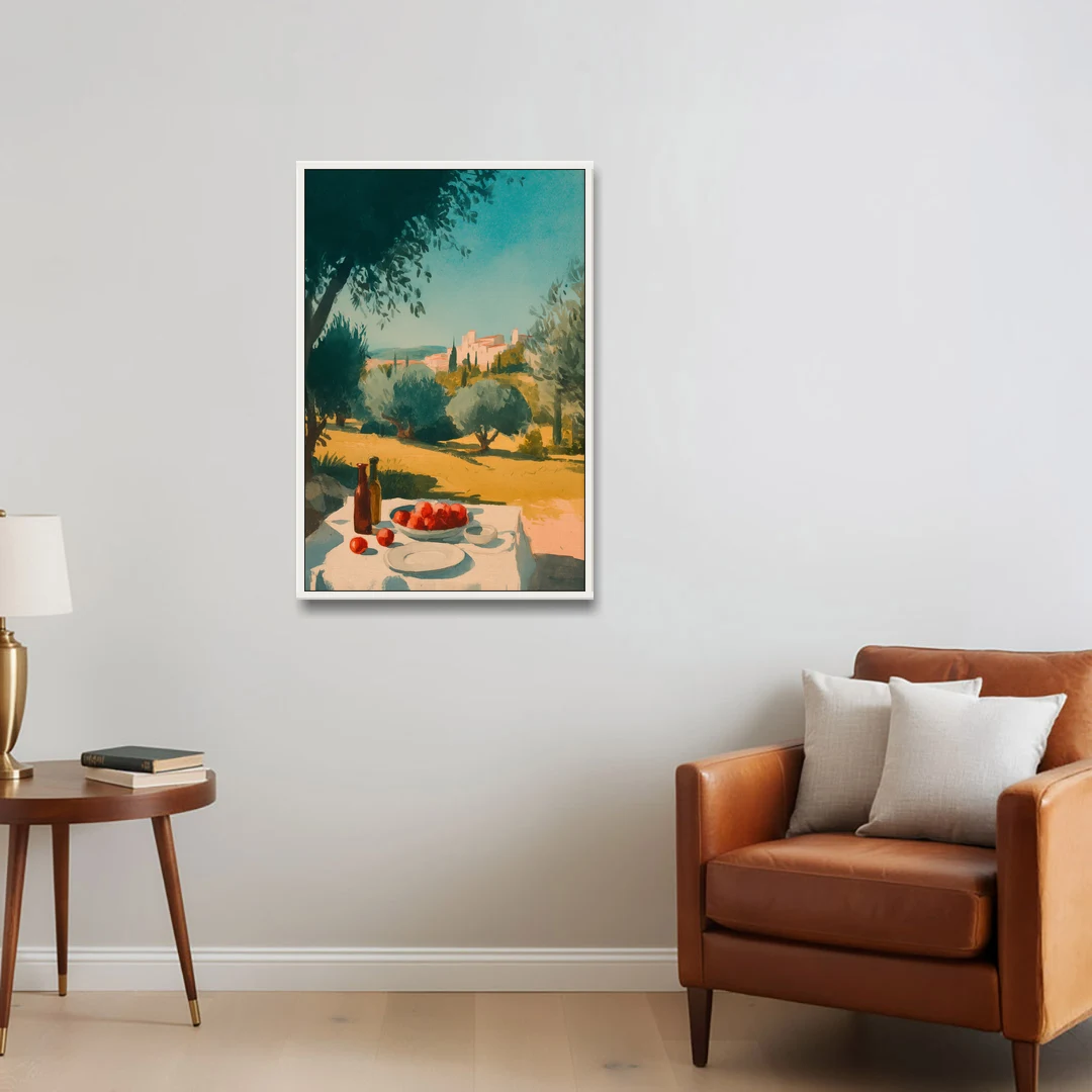Italian Countryside Painting with a Picnic Table - White Framed Canvas Wall Art - Sofa - 24x36