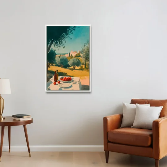 Italian Countryside Painting with a Picnic Table - White Framed Canvas Wall Art - Sofa - 24x36