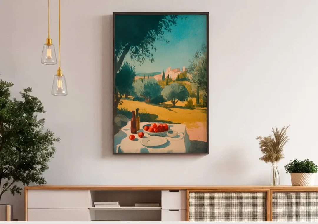 Italian Countryside Painting with a Picnic Table canvas wall art above a wooden sideboard under pendant lights