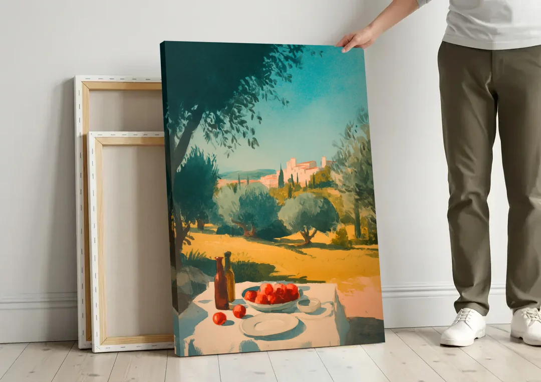 Italian Countryside Painting with a Picnic Table canvas wall art leaning against a wall next to blank canvases