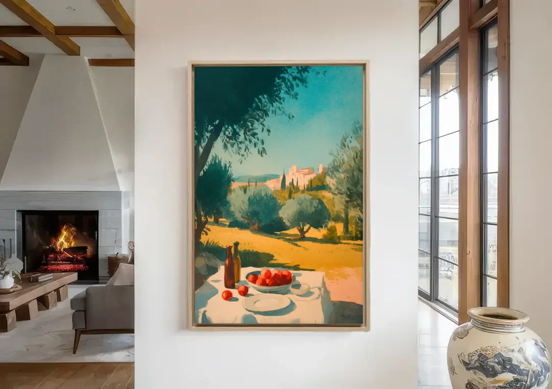 Italian Countryside Painting with a Picnic Table canvas wall art in a living room with a fireplace