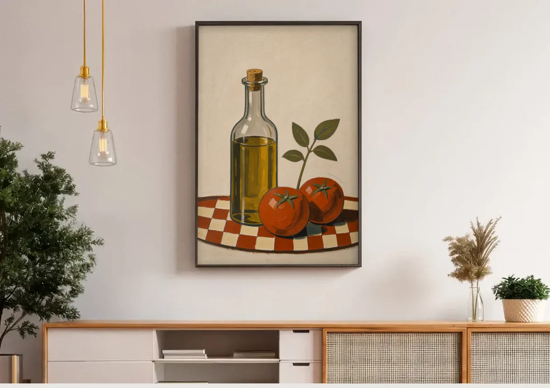 Italian Kitchen Decor with Olive Oil and Tomatoes canvas wall art above a wooden sideboard under pendant lights