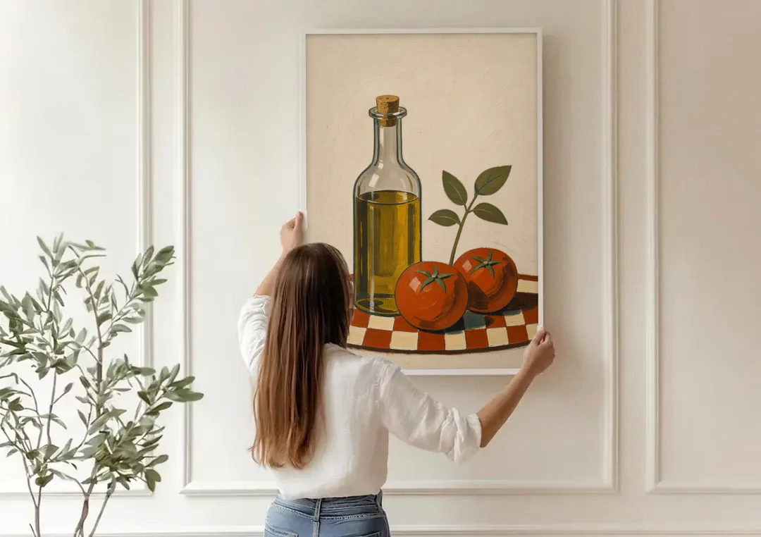 Italian Kitchen Decor with Olive Oil and Tomatoes canvas wall art being hung on a paneled wall