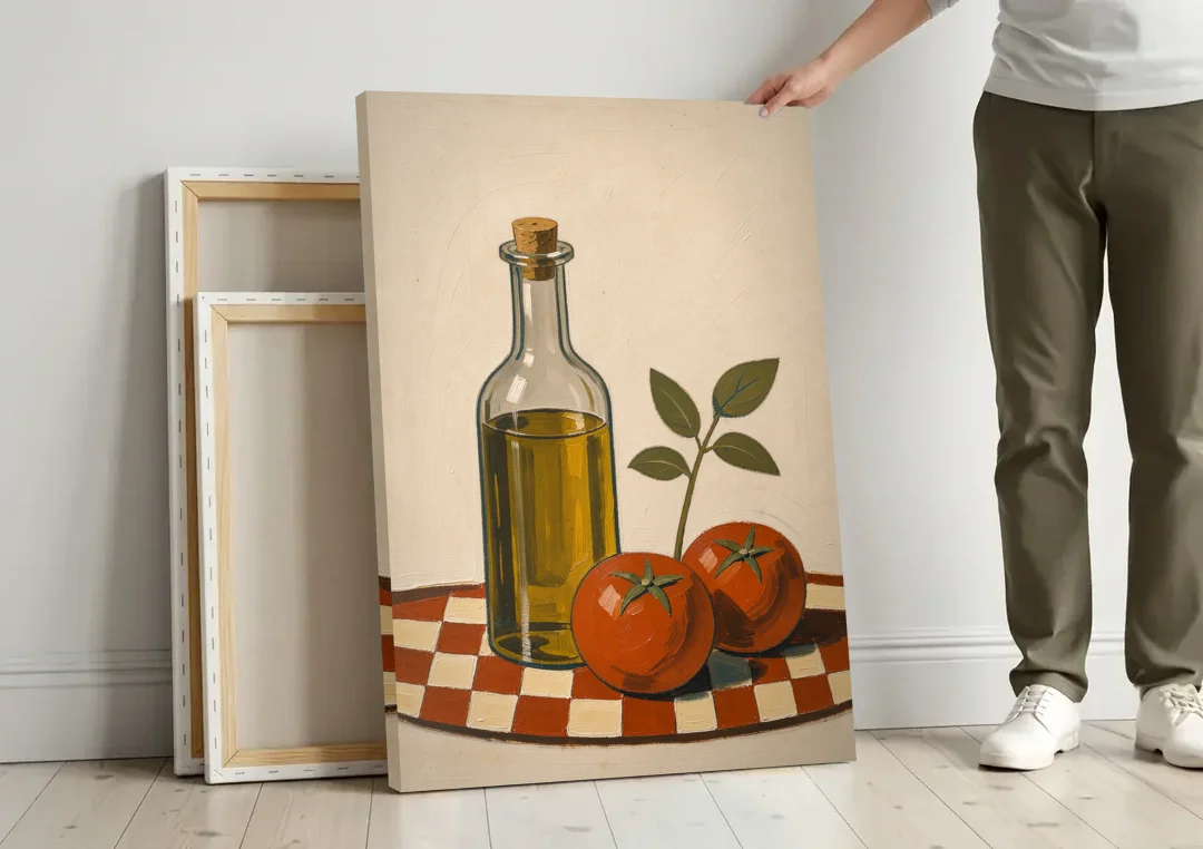 Italian Kitchen Decor with Olive Oil and Tomatoes canvas wall art leaning against a wall next to blank canvases