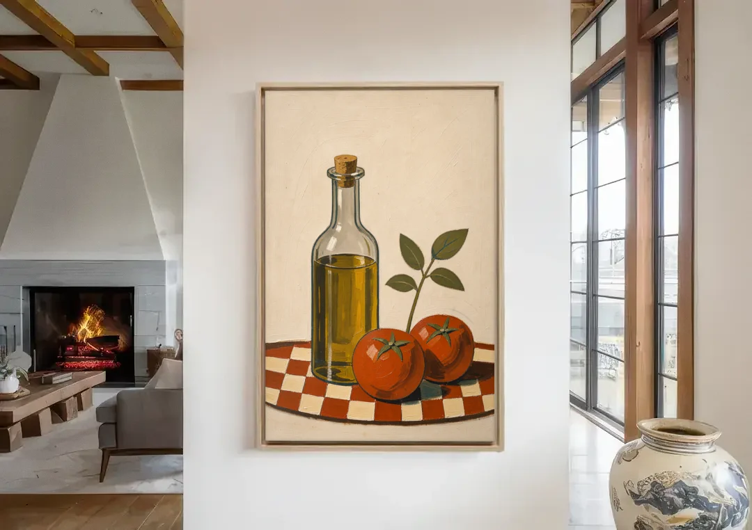 Italian Kitchen Decor with Olive Oil and Tomatoes canvas wall art in a living room with a fireplace