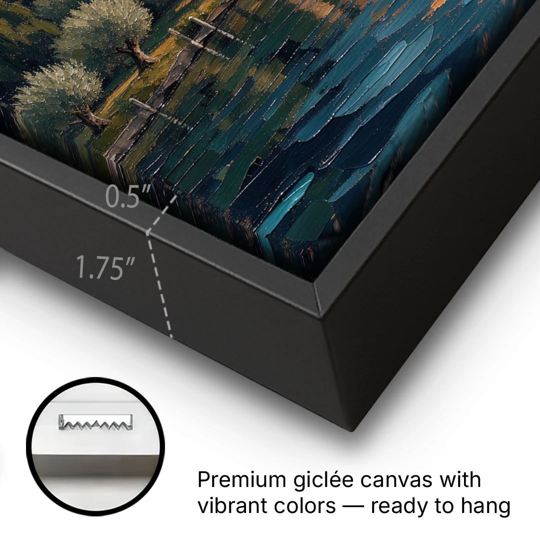 Italian Lakeside Villa at Dusk - Black Framed Canvas Wall Art - Gallery Wrap Corner