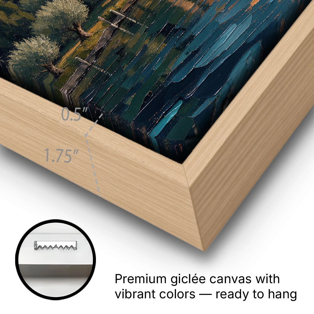 Italian Lakeside Villa at Dusk - Oak Framed Canvas Wall Art - Gallery Wrap Corner