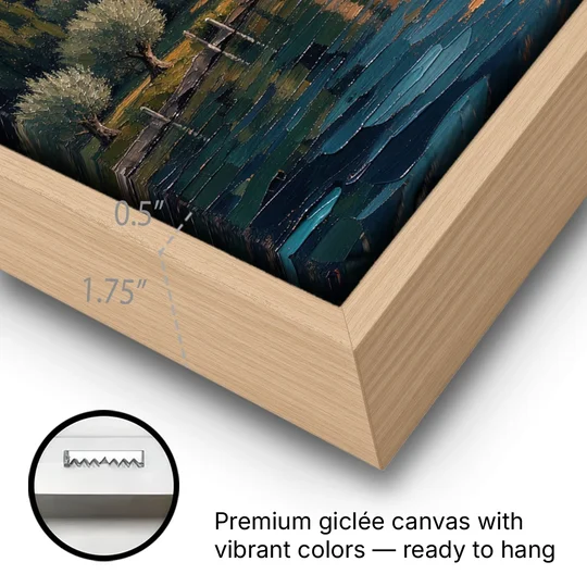 Italian Lakeside Villa at Dusk - Oak Framed Canvas Wall Art - Gallery Wrap Corner