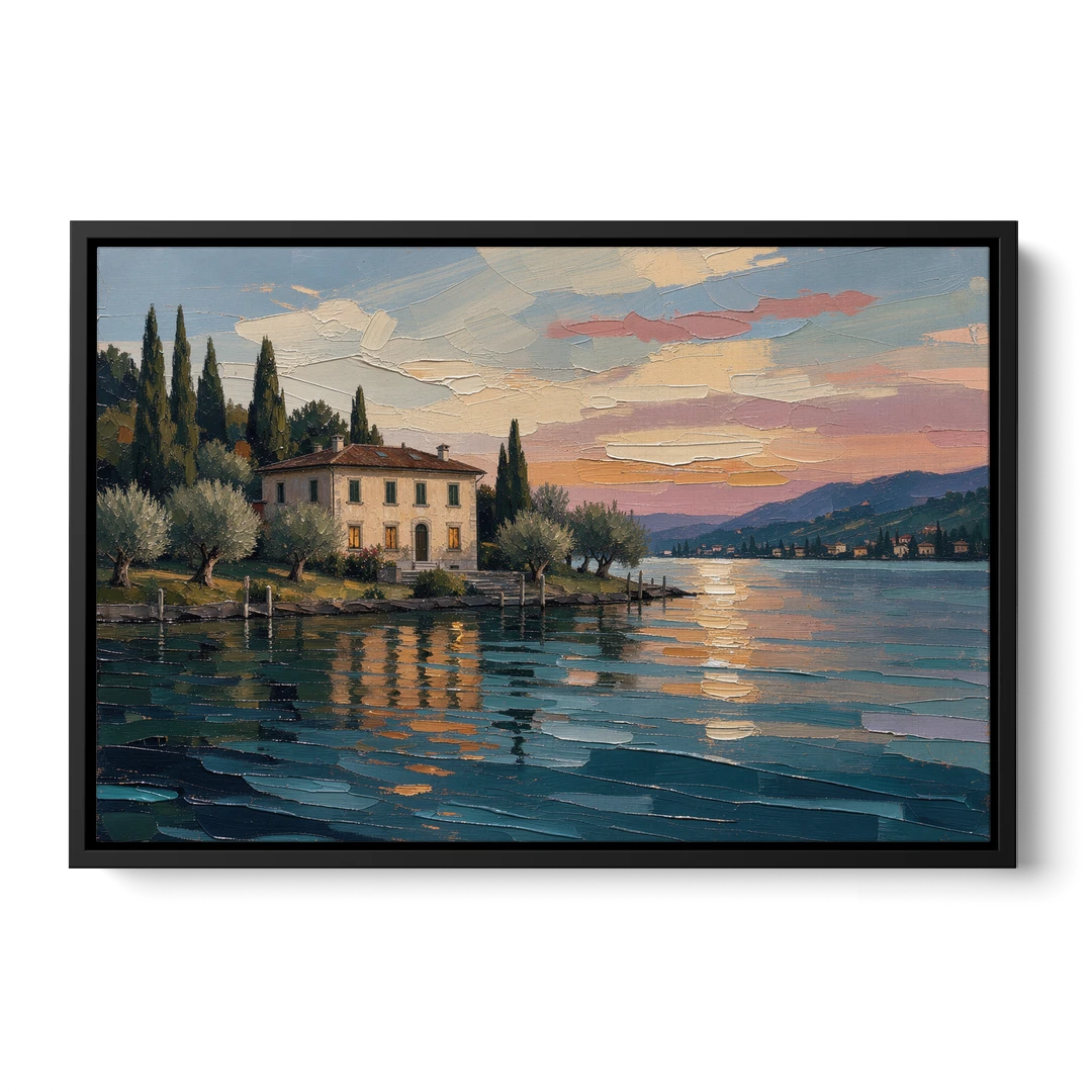 Italian Lakeside Villa at Dusk - Black Framed Canvas Wall Art - Front